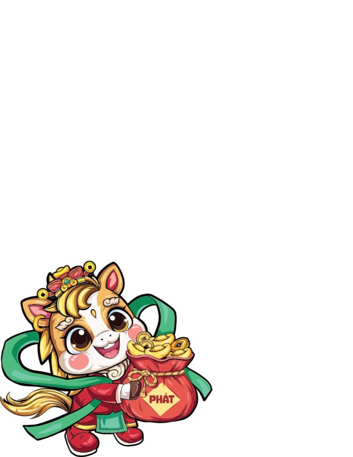 Linh vật ngựa hoạt hình chibi màu vàng đỏ ôm túi tiền Phát Tài cho Tết Nguyên Đán