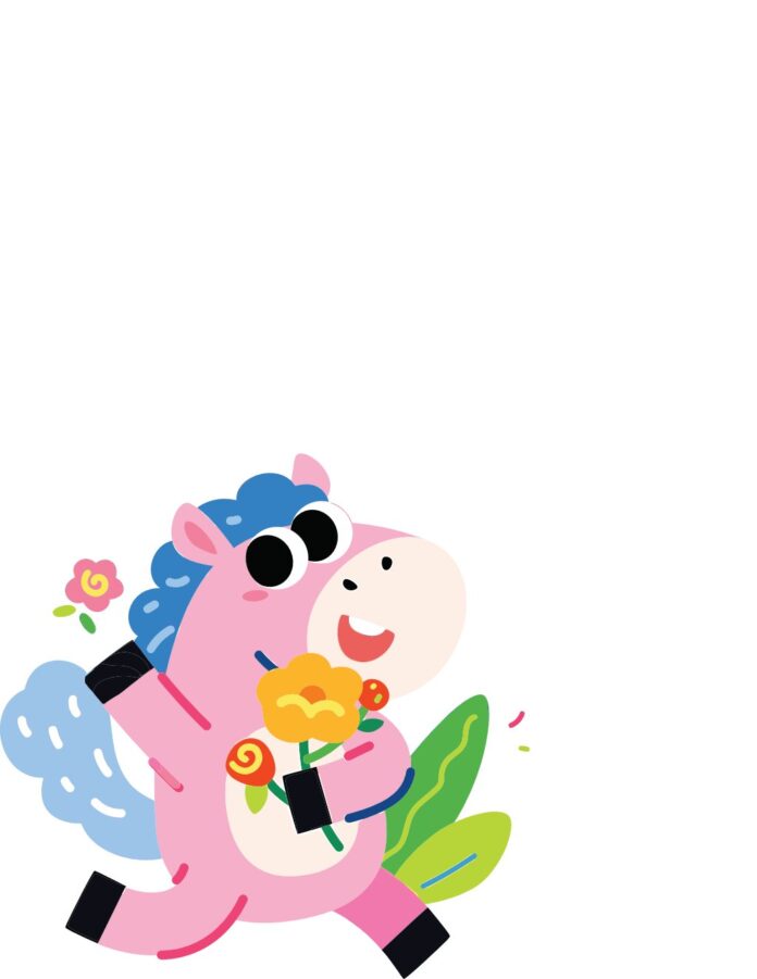 Vector ngựa hoạt hình màu hồng dễ thương đang chạy, ôm bó hoa rực rỡ, phong cách phẳng, file EPS chất lượng cao tại Poster.vn