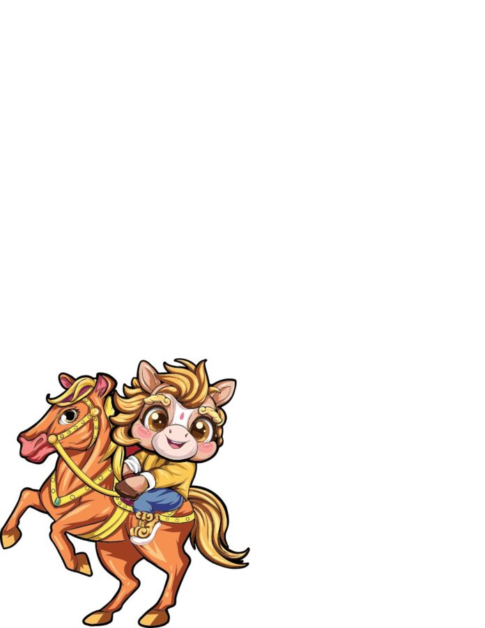 Minh họa vector hai chú ngựa hoạt hình đáng yêu, một lớn một nhỏ, cưỡi nhau với phong cách chibi vui tươi, màu sắc cam, vàng, xanh rực rỡ trên nền trắng.