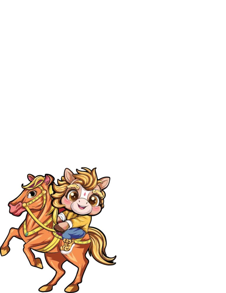 Minh họa vector hai chú ngựa hoạt hình đáng yêu, một lớn một nhỏ, cưỡi nhau với phong cách chibi vui tươi, màu sắc cam, vàng, xanh rực rỡ trên nền trắng.