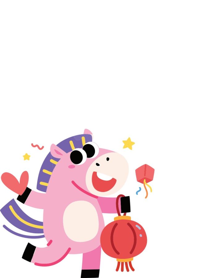 Vector ngựa hoạt hình màu hồng cầm lồng đèn và đeo găng tay trái tim, phong cách dễ thương, vui tươi, dùng cho thiết kế lễ hội.