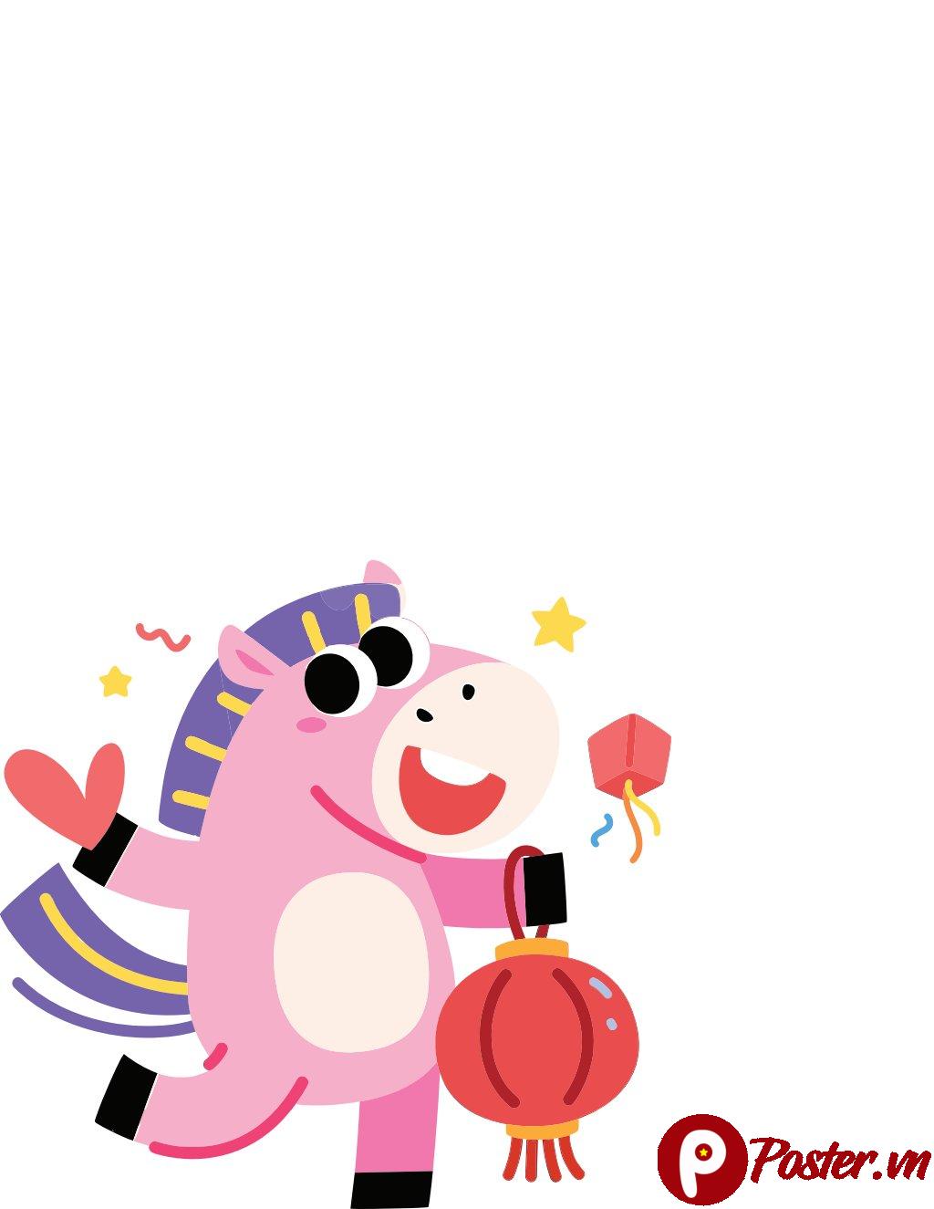 Vector ngựa hoạt hình màu hồng cầm lồng đèn và đeo găng tay trái tim, phong cách dễ thương, vui tươi, dùng cho thiết kế lễ hội.