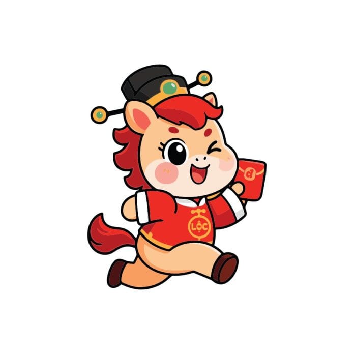 Vector chú ngựa con hoạt hình Lộc vui vẻ, năng động, trong trang phục truyền thống Tết Nguyên Đán, cầm bao lì xì và biểu tượng Lộc trên áo.