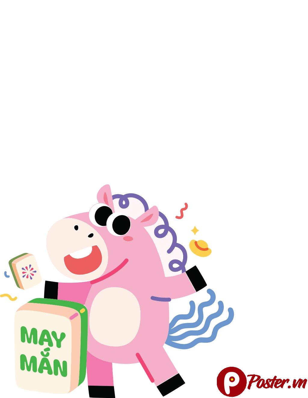 Vector ngựa hoạt hình hồng dễ thương, cầm viên mạt chược "MAY MẮN" phong cách flat design, tươi sáng