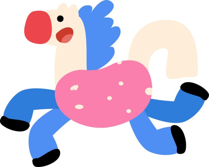 Vector chú ngựa hoạt hình màu hồng xanh dễ thương phong cách minimalist, flat design, với chấm bi trắng trên thân, mắt đen, miệng cười, chân co như đang nhảy.