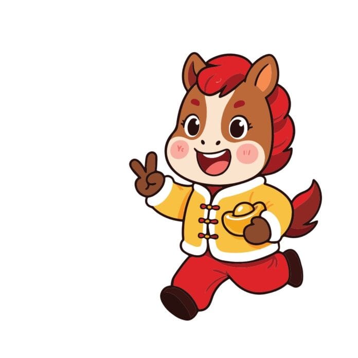 Vector ngựa hoạt hình đáng yêu mặc trang phục truyền thống, cầm thỏi vàng và tạo dáng chữ V, biểu tượng may mắn cho Tết Nguyên Đán.