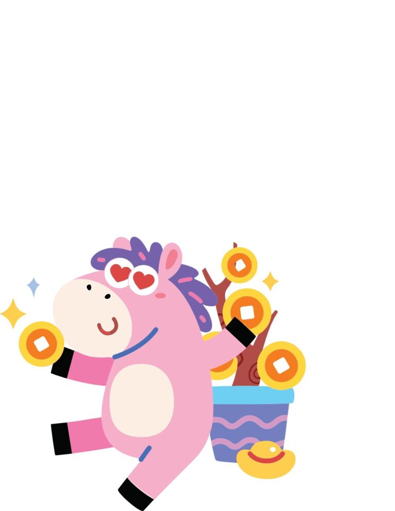 Vector hoạt hình chú ngựa/lừa con màu hồng cầm đồng tiền vàng, cây tài lộc và thỏi vàng, phong cách flat design cho dịp Tết.