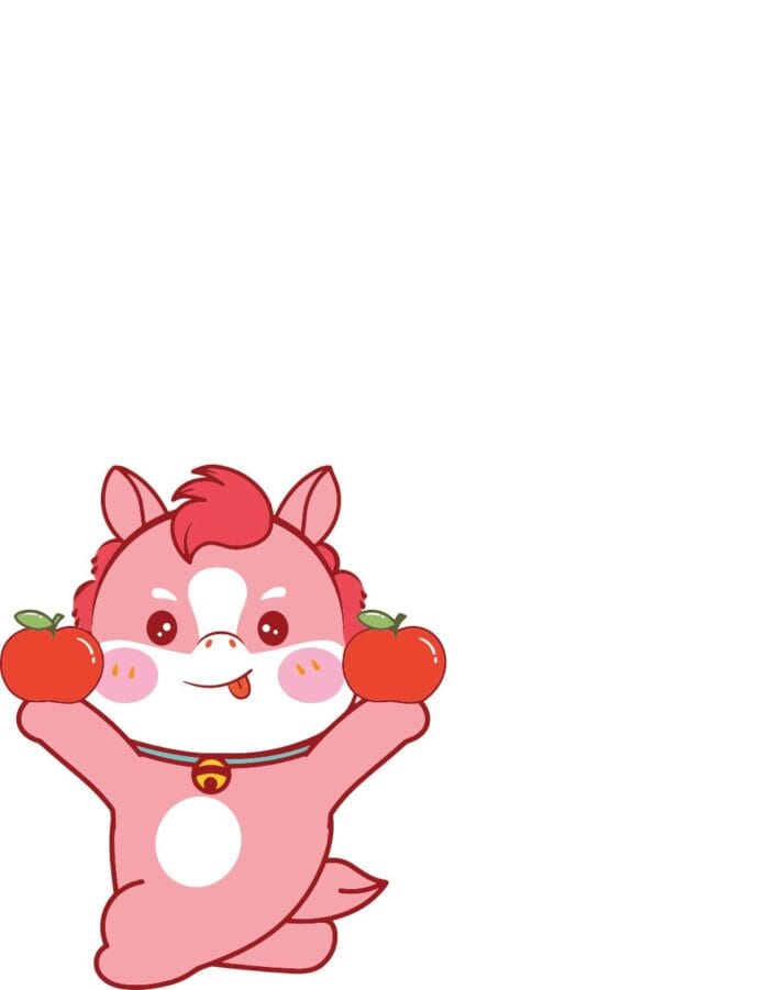 Hình ảnh vector ngựa pony chibi màu hồng dễ thương, cầm táo đỏ, phong cách hoạt hình kawaii