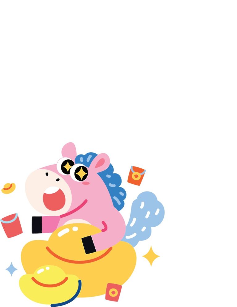 Vector ngựa hồng hoạt hình dễ thương ôm thỏi vàng, bao lì xì và sao lấp lánh, chủ đề Tết Nguyên Đán.