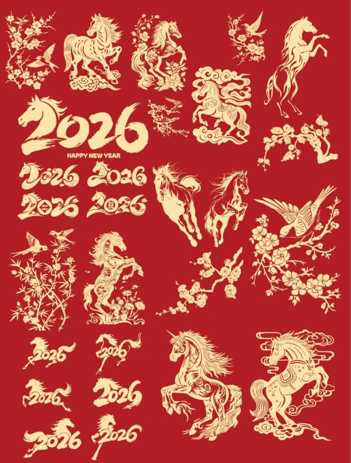 Bộ sưu tập Vector Ngựa Tết 2026 Bính Ngọ với nhiều kiểu dáng thư pháp và họa tiết hoa mai đào