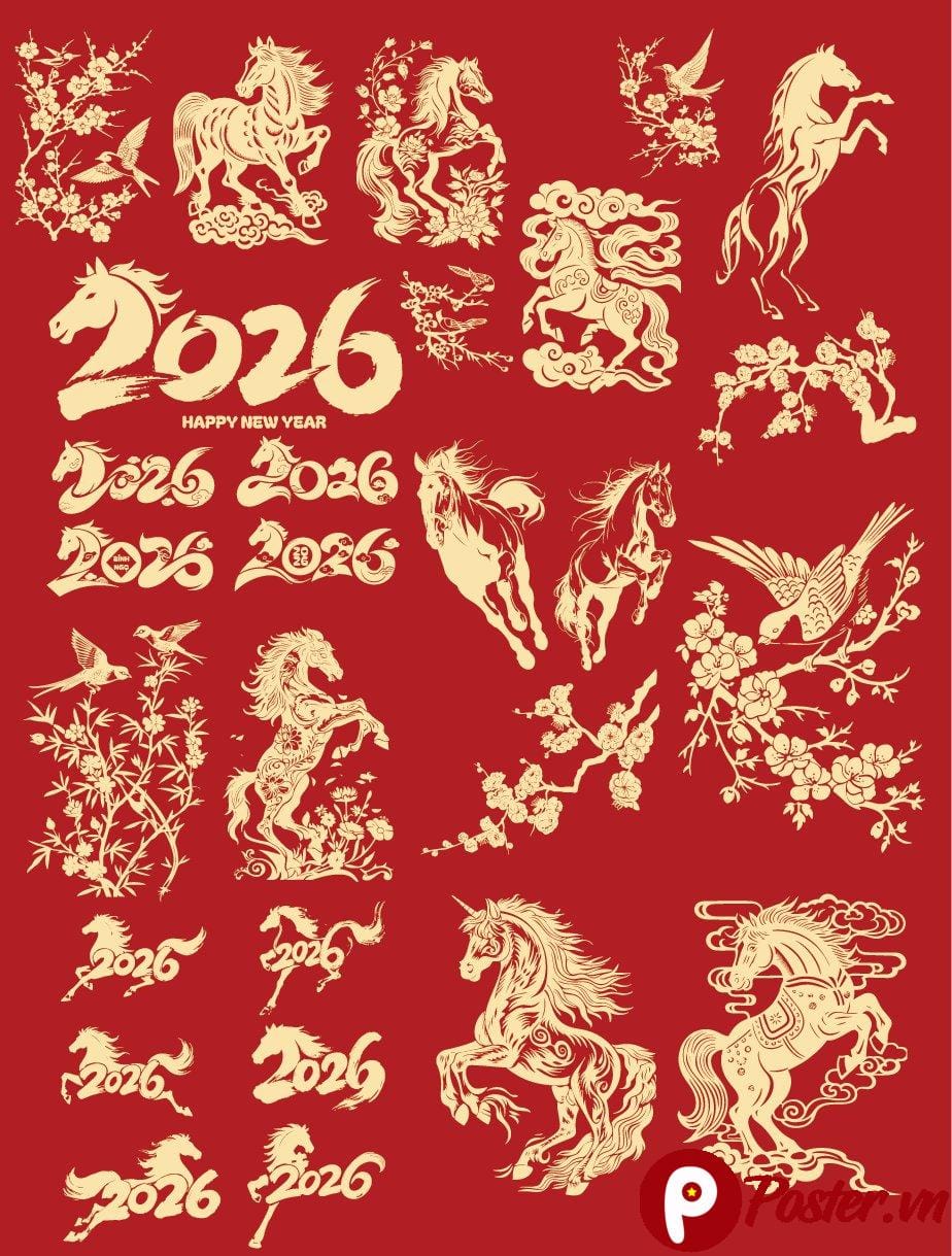 Bộ sưu tập Vector Ngựa Tết 2026 Bính Ngọ với nhiều kiểu dáng thư pháp và họa tiết hoa mai đào
