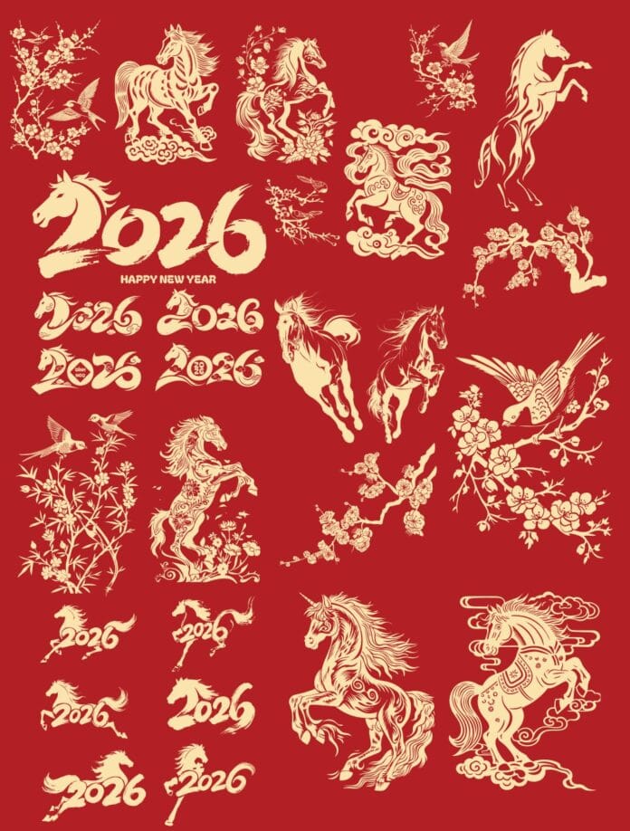 Bộ sưu tập Vector Ngựa Tết 2026 Bính Ngọ file AI nền đỏ