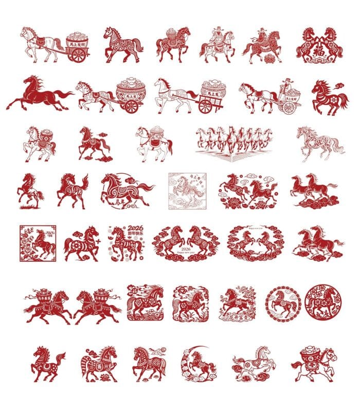Vector con ngựa tết 2026 phong cách cắt giấy đỏ truyền thống