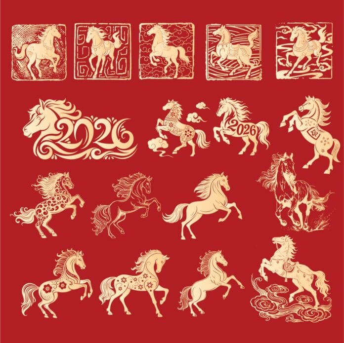 Bộ sưu tập vector con ngựa vàng Tết Bính Ngọ 2026 nền đỏ