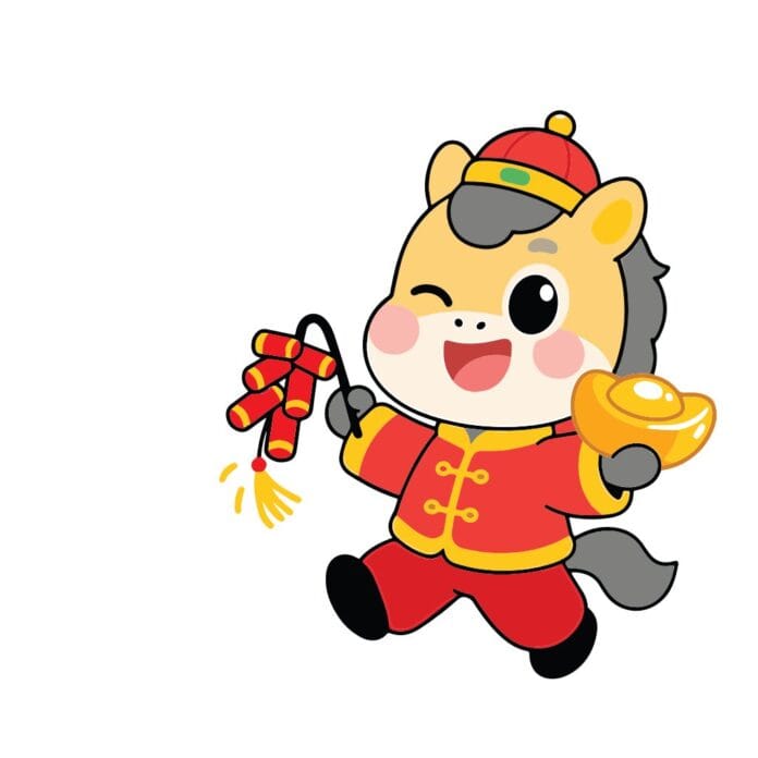 Vector chú ngựa hoạt hình dễ thương mừng Tết, mặc trang phục truyền thống, cầm pháo tép và thỏi vàng