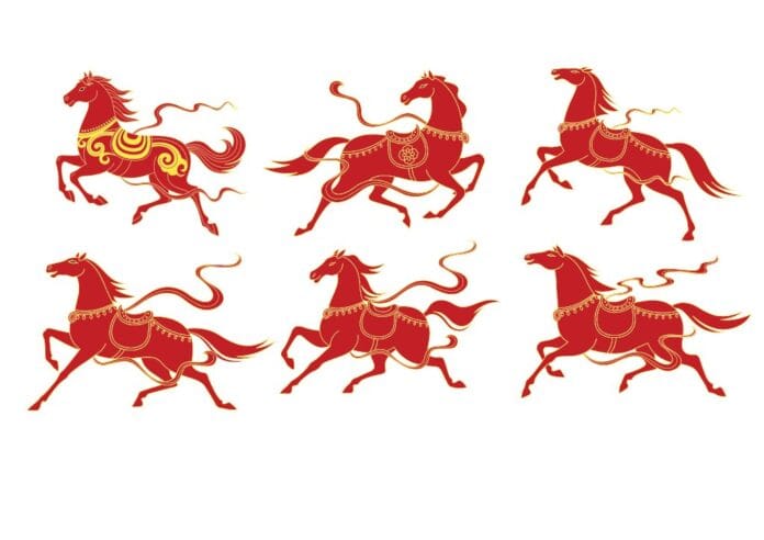 Bộ 6 hình vector ngựa màu đỏ viền vàng dáng chạy mã đáo thành công file AI