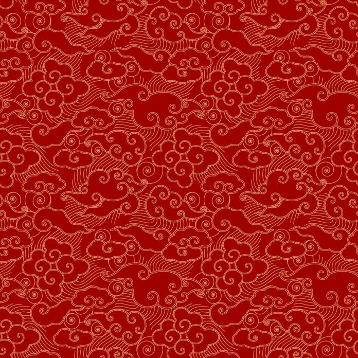 Mẫu vector hoa văn Á Đông liền mạch màu đỏ thẫm vàng kim, họa tiết mây cuộn truyền thống cho thiết kế Tết Nguyên Đán và sự kiện văn hóa.
