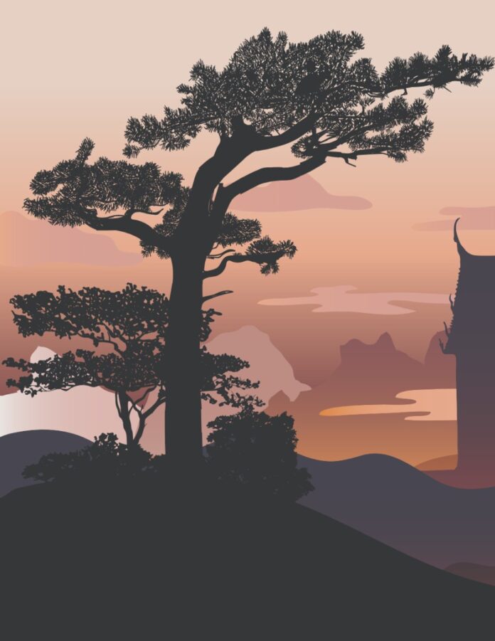 Vector phong cảnh núi non hoàng hôn