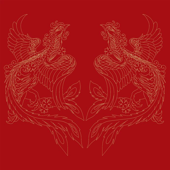 Hình ảnh vector hai con phượng hoàng vàng kim đối xứng trên nền đỏ thẫm, với các họa tiết truyền thống Á Đông tinh xảo, mào xoắn và đuôi dài uốn lượn.
