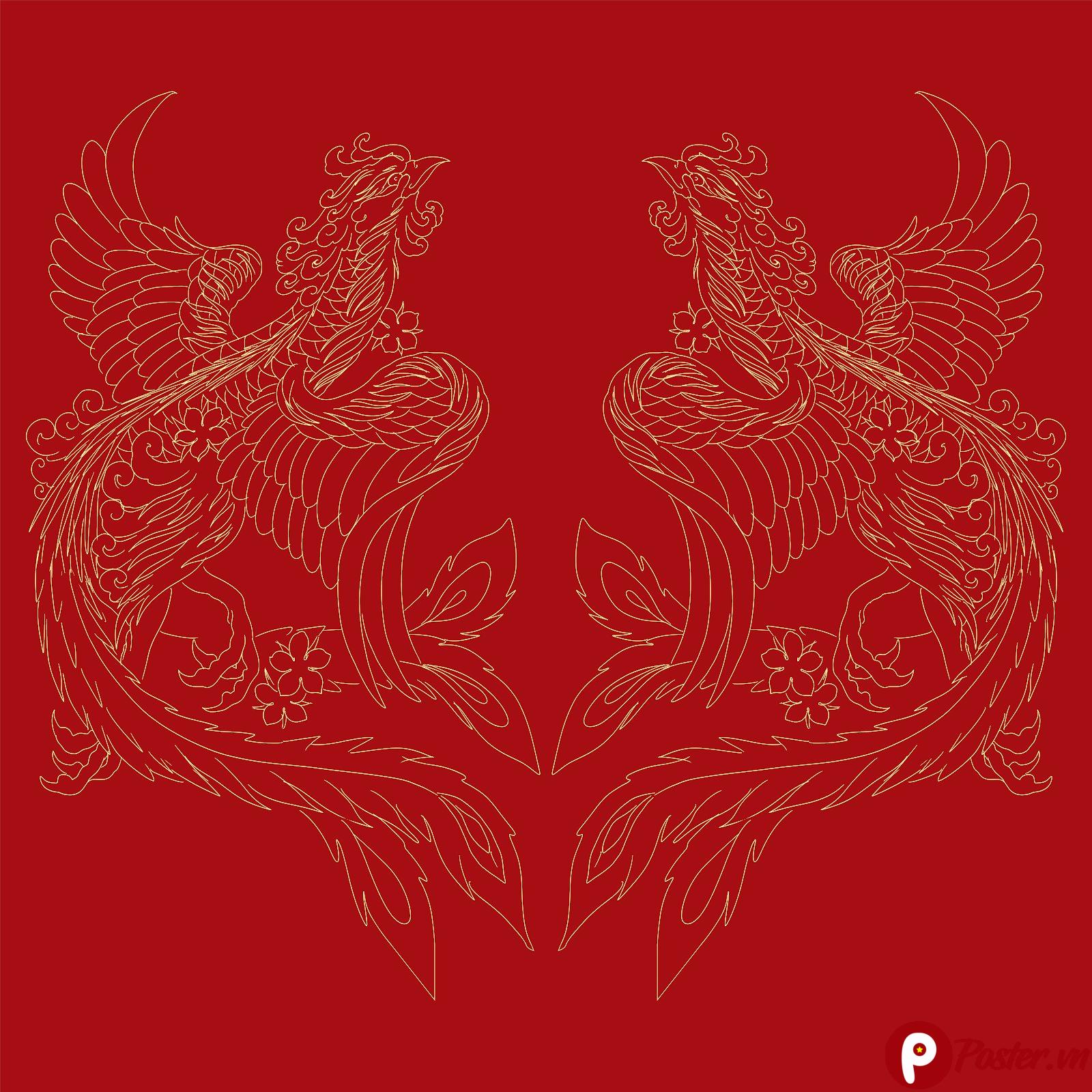 Hình ảnh vector hai con phượng hoàng vàng kim đối xứng trên nền đỏ thẫm, với các họa tiết truyền thống Á Đông tinh xảo, mào xoắn và đuôi dài uốn lượn.