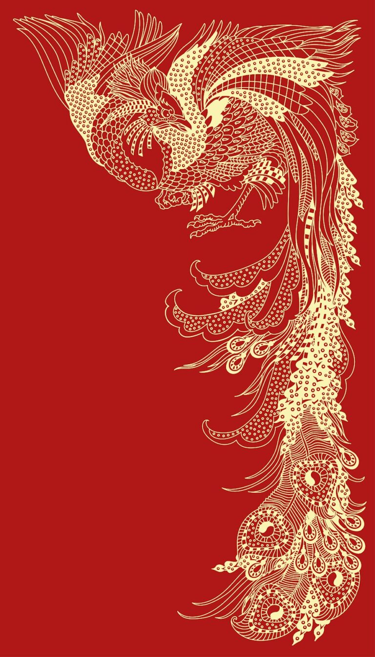 Thiết kế vector hình ảnh phượng hoàng màu đỏ và vàng theo phong cách Á Đông truyền thống, với họa tiết chi tiết và đường nét tinh xảo trên nền đỏ thẫm.