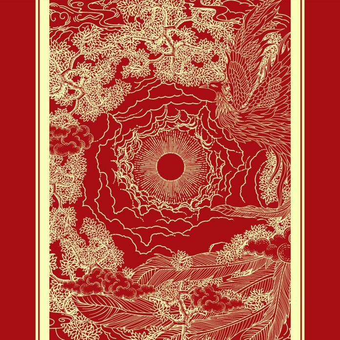 Vector Phượng Hoàng truyền thống Á Đông màu đỏ vàng, phong cách khắc gỗ, nền mặt trời và mây cuộn.