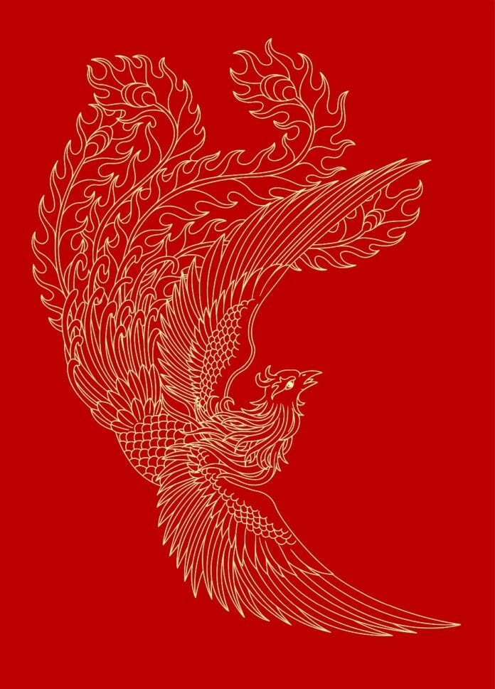 Vector phượng hoàng Á Đông cách điệu, đường nét vàng kim trên nền đỏ, phong cách truyền thống, thiết kế đồ họa cao cấp, biểu tượng may mắn quyền lực