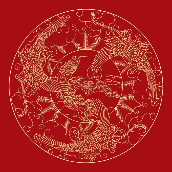 Họa tiết vector phượng hoàng cổ điển màu đỏ thẫm và vàng kim, mang phong cách truyền thống Á Đông, đối xứng và chi tiết, biểu tượng may mắn và thịnh vượng.