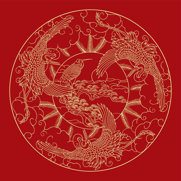 Họa tiết vector phượng hoàng cổ điển màu đỏ thẫm và vàng kim, mang phong cách truyền thống Á Đông, đối xứng và chi tiết, biểu tượng may mắn và thịnh vượng.