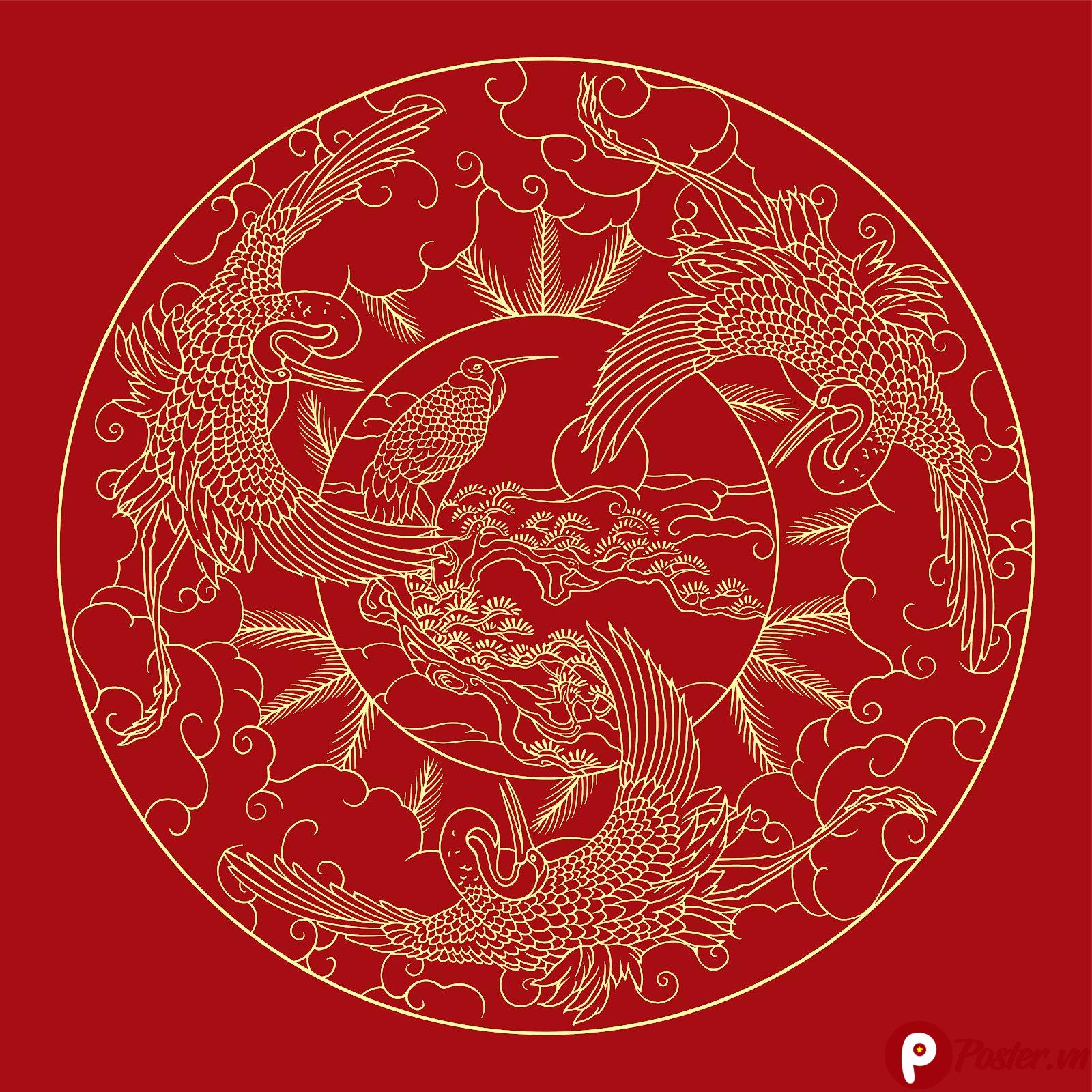 Họa tiết vector phượng hoàng cổ điển màu đỏ thẫm và vàng kim, mang phong cách truyền thống Á Đông, đối xứng và chi tiết, biểu tượng may mắn và thịnh vượng.
