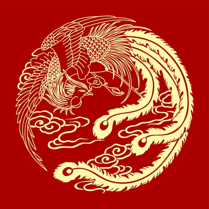 Hình ảnh vector Phượng Hoàng uy nghi, màu đỏ vàng truyền thống, thiết kế phong cách Á Đông, trong bố cục hình tròn với mây cuộn.