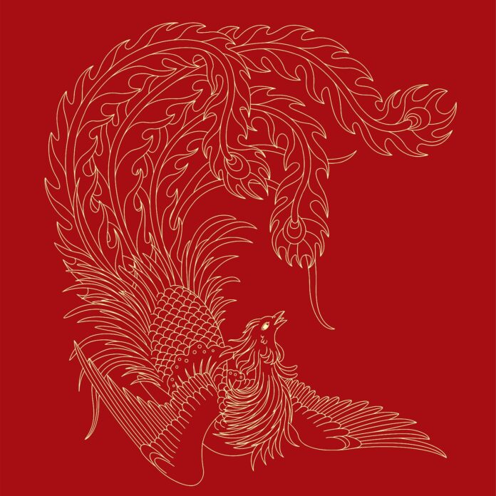 Vector Phượng Hoàng uy nghi, phong cách Á Đông, với đường nét tinh xảo trên nền đỏ thẫm và họa tiết vàng kim, biểu tượng của may mắn và quyền lực.