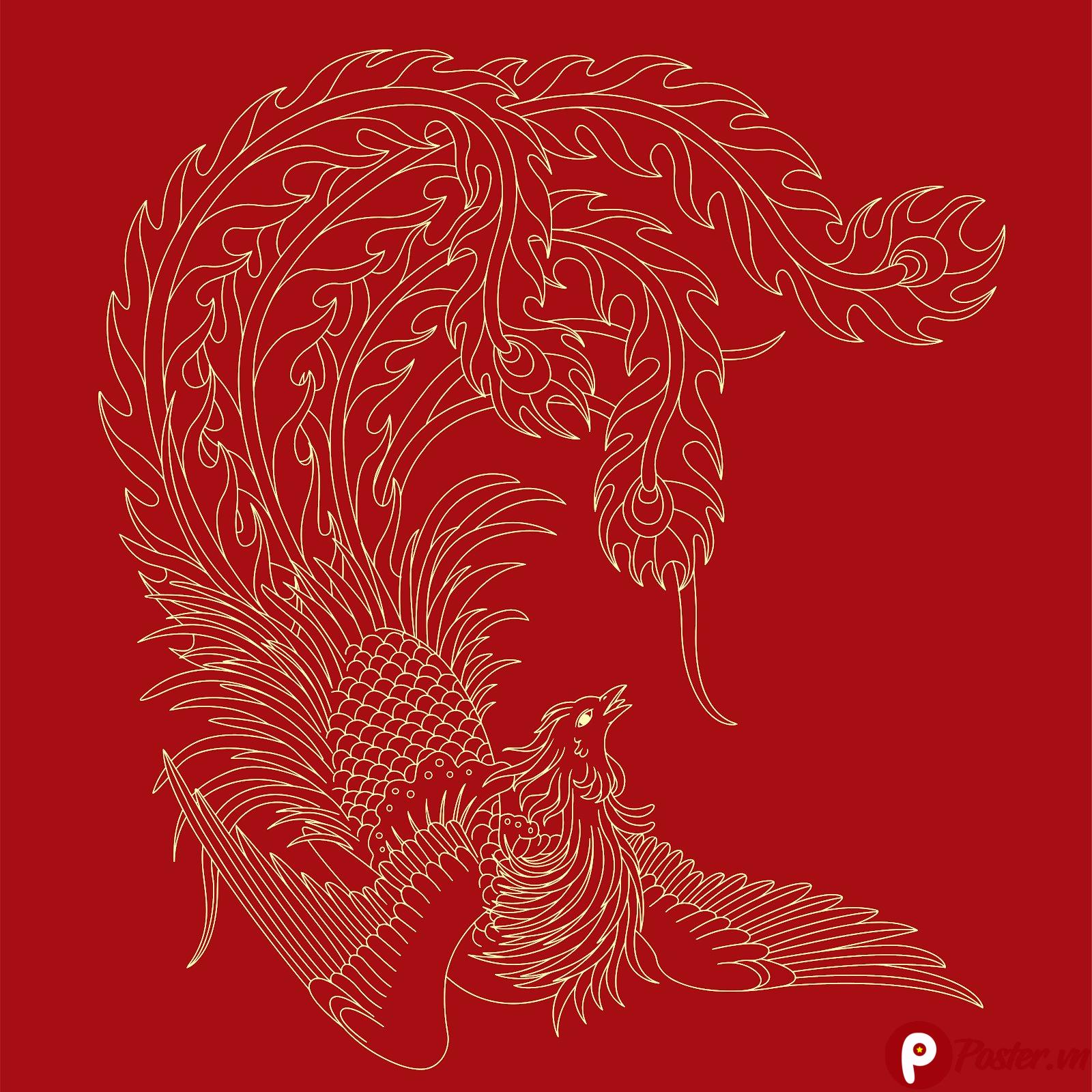 Vector Phượng Hoàng uy nghi, phong cách Á Đông, với đường nét tinh xảo trên nền đỏ thẫm và họa tiết vàng kim, biểu tượng của may mắn và quyền lực.