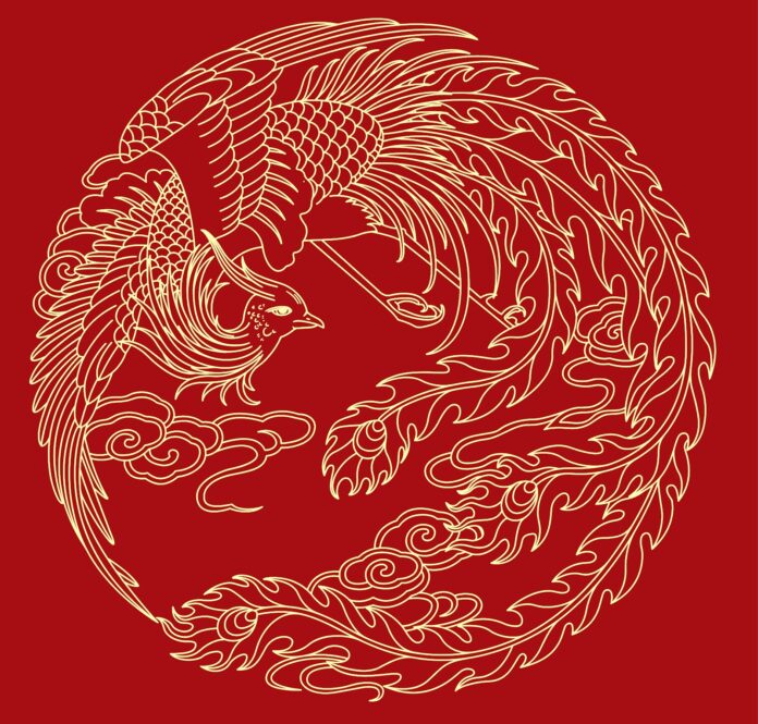 Vector phượng hoàng vàng kim uy nghi trên nền đỏ, phong cách truyền thống Á Đông, họa tiết vân mây, file EPS chất lượng cao cho thiết kế đồ họa.