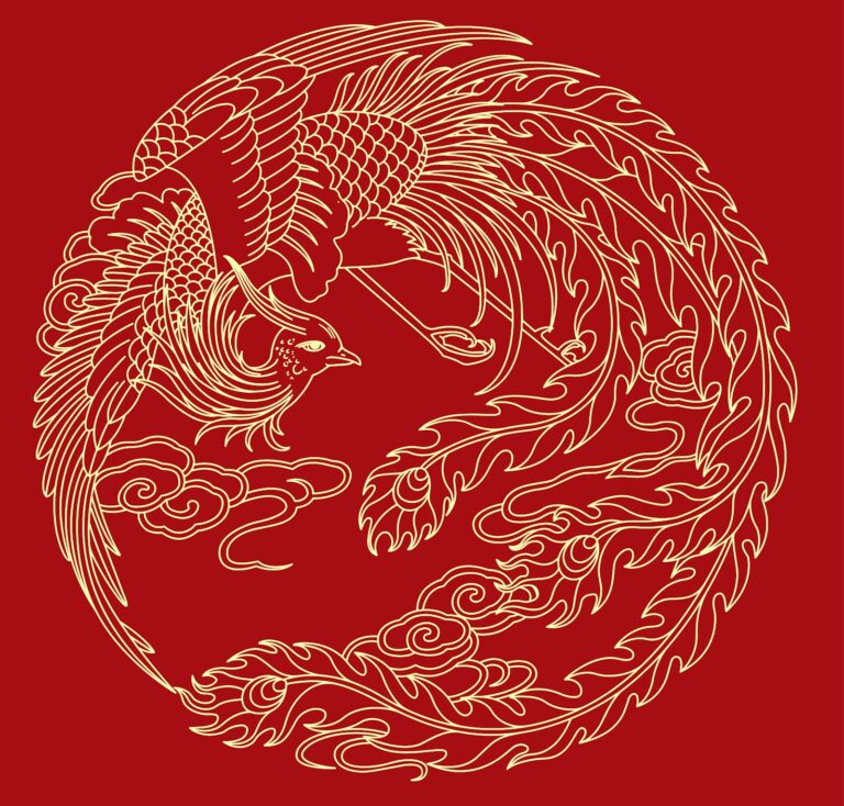 Vector phượng hoàng vàng kim uy nghi trên nền đỏ, phong cách truyền thống Á Đông, họa tiết vân mây, file EPS chất lượng cao cho thiết kế đồ họa.
