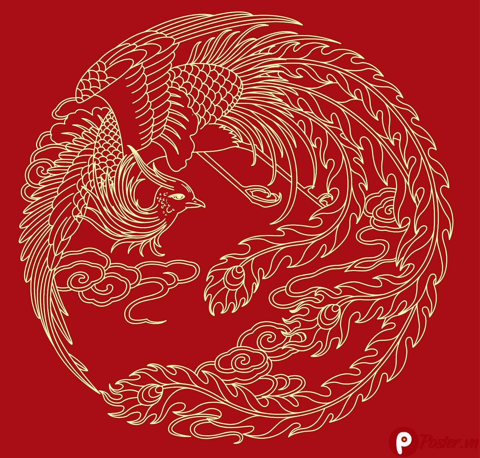 Vector phượng hoàng vàng kim uy nghi trên nền đỏ, phong cách truyền thống Á Đông, họa tiết vân mây, file EPS chất lượng cao cho thiết kế đồ họa.