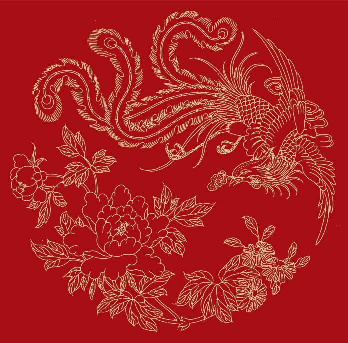 Họa tiết Phượng Hoàng và Hoa Mẫu Đơn vector trên nền đỏ thẫm sang trọng