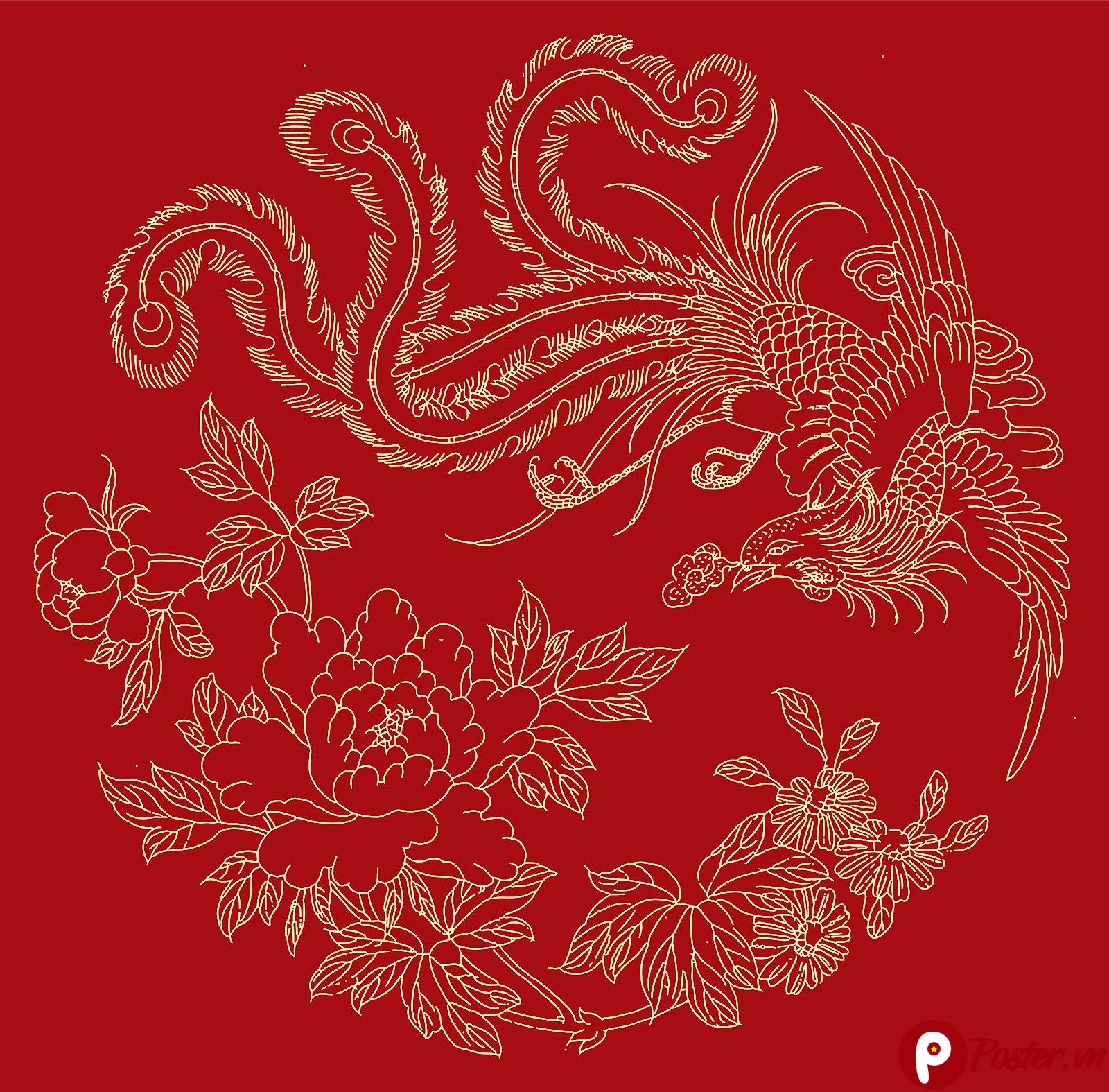 Họa tiết Phượng Hoàng và Hoa Mẫu Đơn vector trên nền đỏ thẫm sang trọng