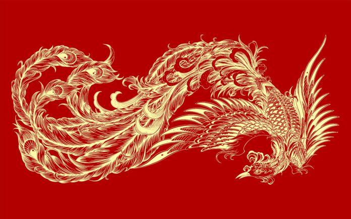 Vector phượng hoàng truyền thống Á Đông màu vàng trên nền đỏ rực rỡ, thiết kế chi tiết tinh xảo cho lễ Tết và các sự kiện văn hóa.