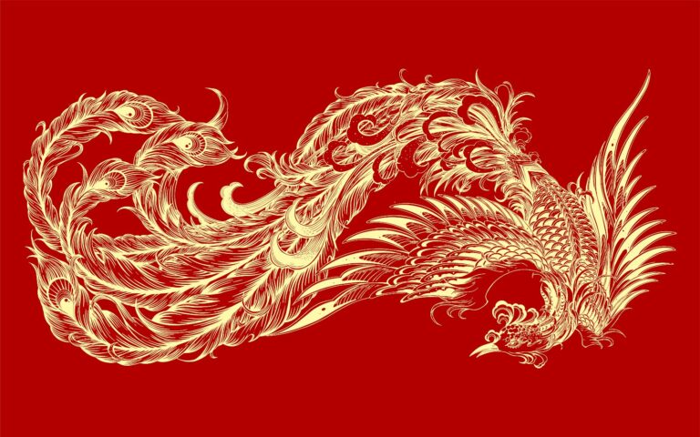 Vector phượng hoàng truyền thống Á Đông màu vàng trên nền đỏ rực rỡ, thiết kế chi tiết tinh xảo cho lễ Tết và các sự kiện văn hóa.