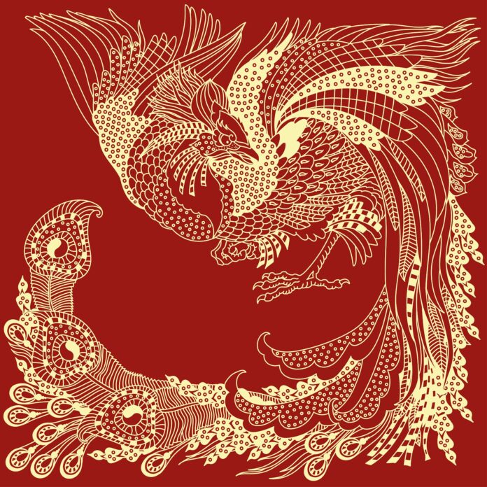 Vector Phượng Hoàng truyền thống Á Đông màu đỏ vàng rực rỡ, biểu tượng may mắn thịnh vượng.