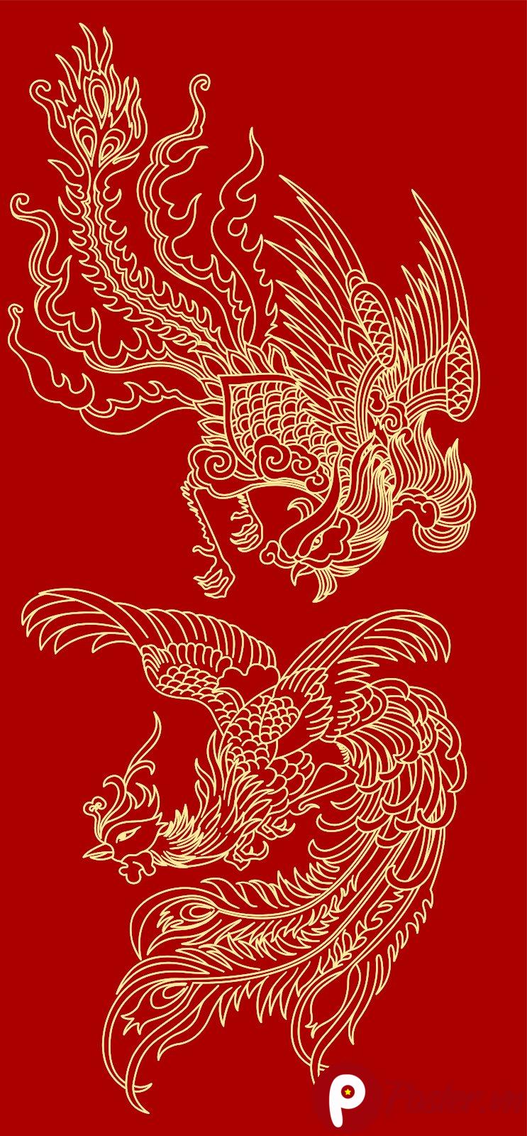 Vector phượng hoàng vàng kim trên nền đỏ, thiết kế truyền thống, sang trọng, định dạng EPS, sẵn sàng cho mọi dự án đồ họa.