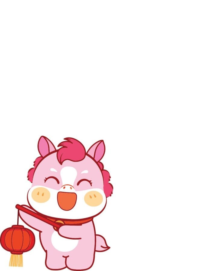 Vector chú pony hoạt hình chibi màu hồng đáng yêu cầm lồng đèn đỏ truyền thống với tua rua vàng, khuôn mặt cười rạng rỡ, thích hợp cho thiết kế chủ đề Tết.