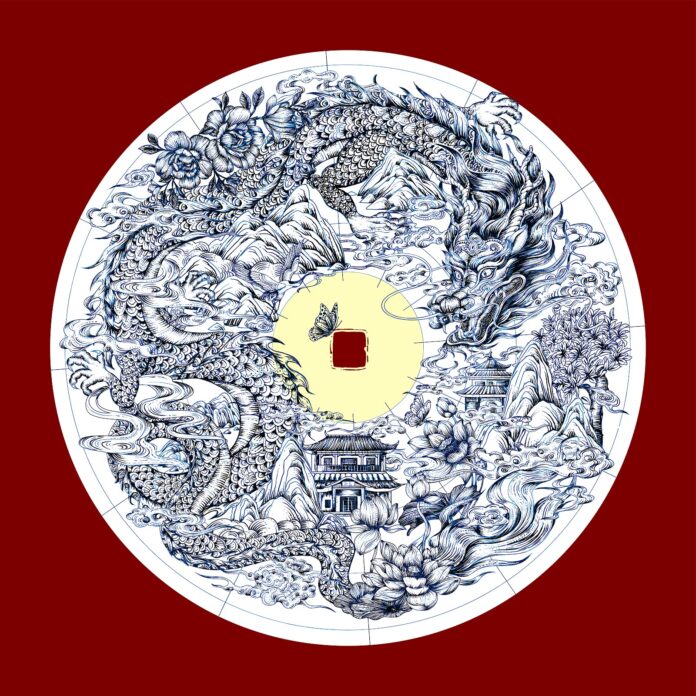 Hình minh họa vector rồng Á Đông cổ điển trên nền đỏ đô, với họa tiết mây núi, chùa chiền, hoa sen và đồng tiền cổ, mang phong cách vẽ gốm sứ truyền thống.