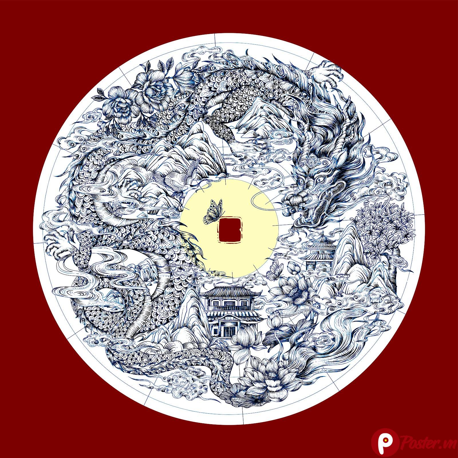Hình minh họa vector rồng Á Đông cổ điển trên nền đỏ đô, với họa tiết mây núi, chùa chiền, hoa sen và đồng tiền cổ, mang phong cách vẽ gốm sứ truyền thống.