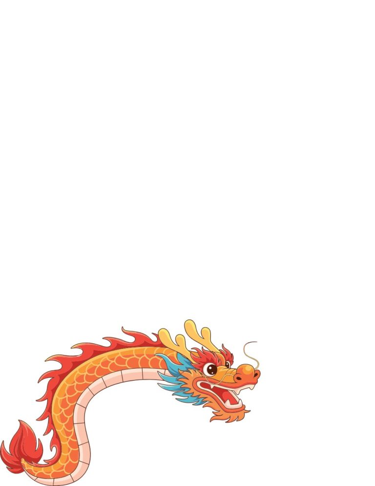 Vector rồng châu Á minh họa phẳng, hiện đại với màu sắc cam vàng đỏ xanh trên nền trắng, biểu tượng may mắn và sức mạnh.