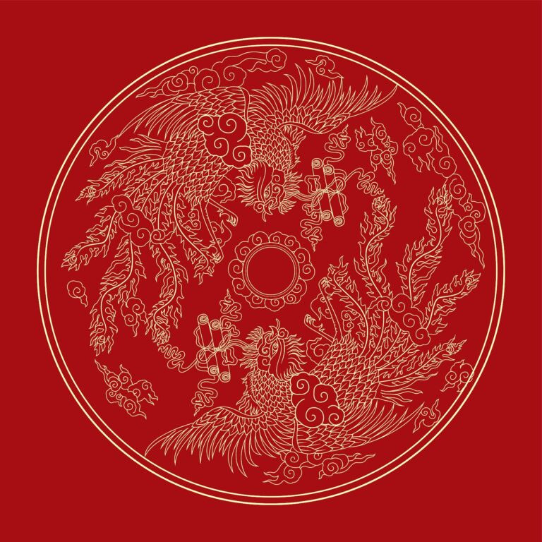Vector hoa văn Rồng Phượng truyền thống Á Đông màu đỏ vàng, tinh xảo, dùng trang trí Tết và sự kiện.