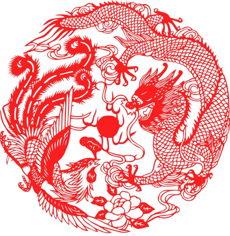 Vector rồng phượng phong cách cắt giấy truyền thống màu đỏ trên nền trắng, chi tiết ngọc minh châu và hoa mẫu đơn tinh xảo.