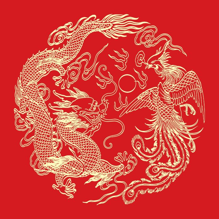 Vector Rồng Phượng Hài Hòa Âm Dương, phong cách Á Đông truyền thống với màu đỏ vàng kim, biểu tượng may mắn thịnh vượng.