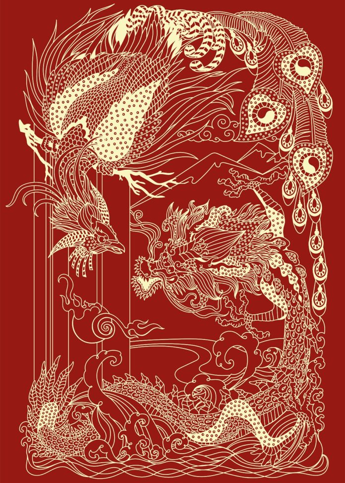 Minh họa vector Rồng Phượng uy nghi, phong cách Á Đông truyền thống trên nền đỏ đô với mây và sóng nước.